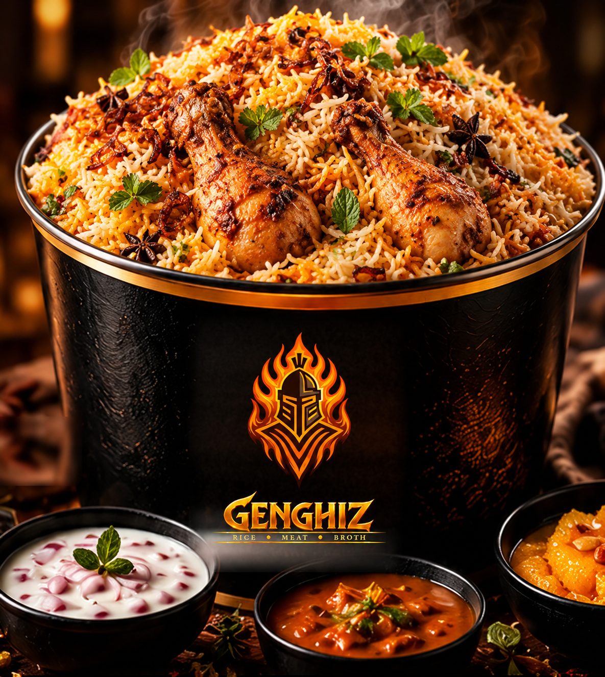 The Genghiz Sunday Biryani Bucket piled with chicken biryani, with raita, gravy and a sweet alongside