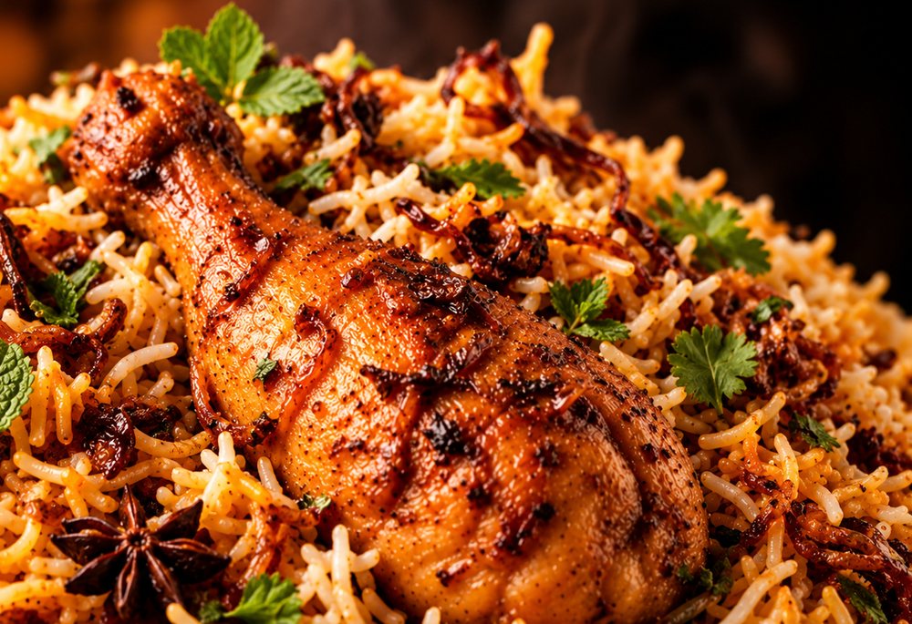 Close-up of a spiced chicken leg on biryani