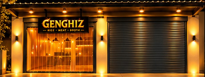 The Genghiz kitchen storefront in Perungudi, lit at night